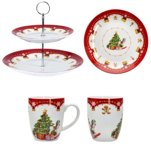 Null 5tlg Set Weihnachtszauber Frühstücks-Set – 1x Etagere, 2x Kaffeebecher 37cl & 2x Gebäckteller 20 Cm 19