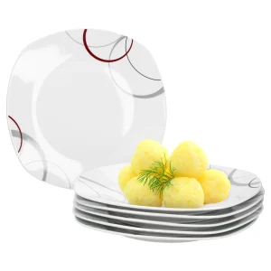 Null 6er Set Dessertteller Flach Palazzo 19cm – Kuchenteller / Frühstücksteller Aus Weißem Porzellan Mit Dekor-Kreisen In Grau Und Dunkelrot 11