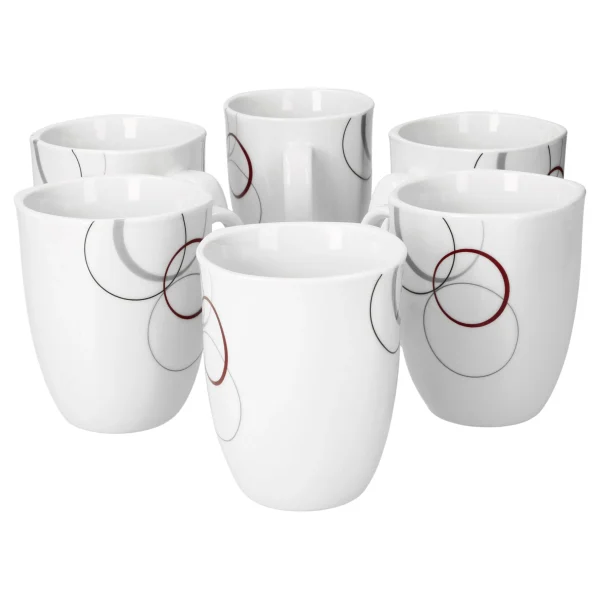 Null 6er Set Kaffeebecher Palazzo 33cl – Kaffeetasse Aus Weißem Porzellan Mit Dekor-Kreisen In Grau Und Dunkelrot 1