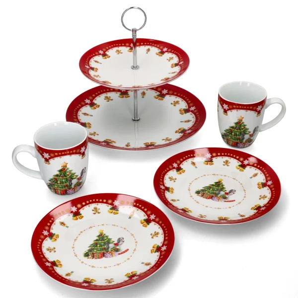 Null 5tlg Set Weihnachtszauber Frühstücks-Set – 1x Etagere, 2x Kaffeebecher 37cl & 2x Gebäckteller 20 Cm 1