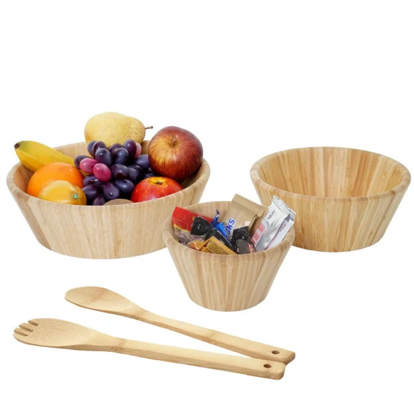 Mendler 3er Set Schüssel + Salatbesteck HWC-B98, Servierschüssel Dekoschale Stapelbar Servierbesteck Küchenzubehör, Bambus 4