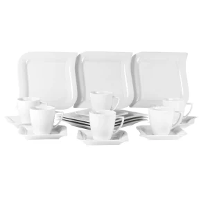 Null Kaffeeservice Harmony 18tlg. Eckig Porzellan Für 6 Personen Weiß Geschwungene Kant 15