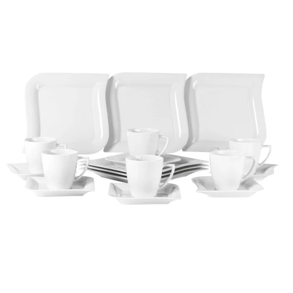 Null Kaffeeservice Harmony 18tlg. Eckig Porzellan Für 6 Personen Weiß Geschwungene Kant 5