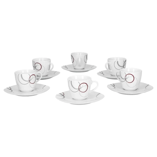 Null 6er Set Espressotasse Palazzo 11cl Mit Untertasse 12,3cm – Aus Weißem Porzellan Mit Dekor-Kreisen In Grau Und Dunkelrot 1