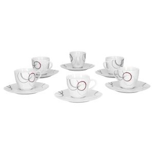 Null 6er Set Kaffeetasse 20cl Und Kaffeeuntertasse 14,5cm Palazzo – Aus Weißem Porzellan Mit Dekor-Kreisen In Grau Und Dunkelrot 15