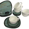 Bonna Kaffeeservice Tafelservice Geschirrset Cappuccinotassen Kaffeetassen Desserteller Frühstücksteller Porzellan Oval 6 Personen Türkis Blau Braun 18er 25